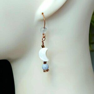 BOGO EARRINGS Crescent Moon Blue Lace Agate Crystal Beaded Dangle Earrings 2"
